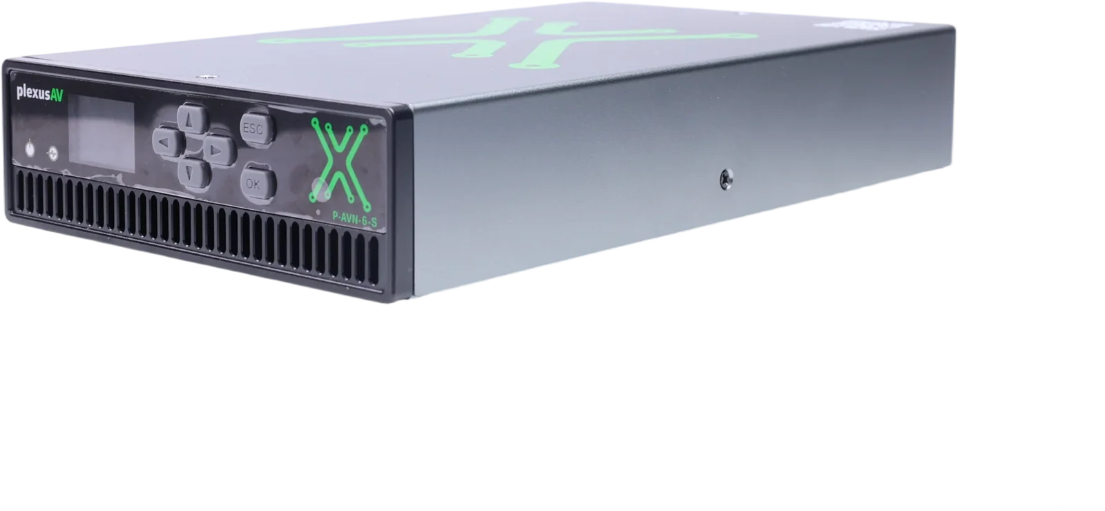 PlexusAV P-AVN-6-S transceiver, front three-quarter view with color LCD and green X brand mark